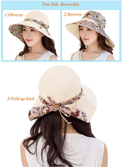 Women Wide Brim Summer Sun Hat Lightweight Foldable Beach Sun Hat for Ladies Travel Roll up Reversible Floral