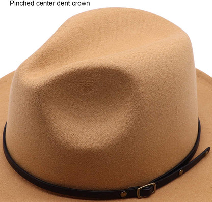 Fedora Hat Felt Unisex Wide Brim Floppy Panama Hat Fall Winter Jazz Hat with Belt Buckle Band