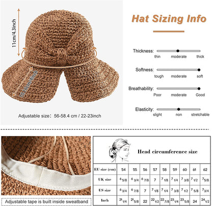 Women Wide Brim Straw Hat Hollow Foldable Summer Bucket Hat Bow Lady’s Foldable Beach Sun Hat for Travel