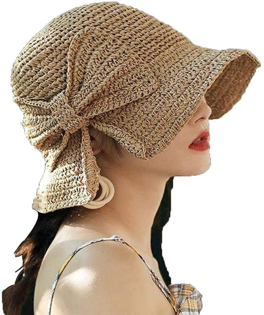 Women Wide Brim Straw Hat Hollow Foldable Summer Bucket Hat Bow Lady’s Foldable Beach Sun Hat for Travel