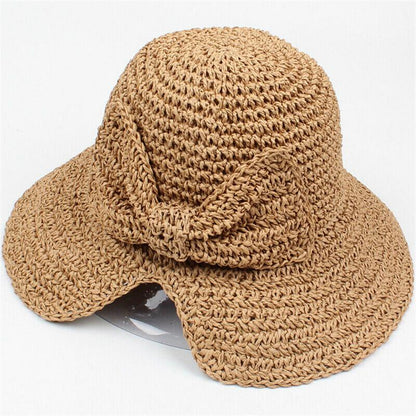 Women Wide Brim Straw Hat Hollow Foldable Summer Bucket Hat Bow Lady’s Foldable Beach Sun Hat for Travel