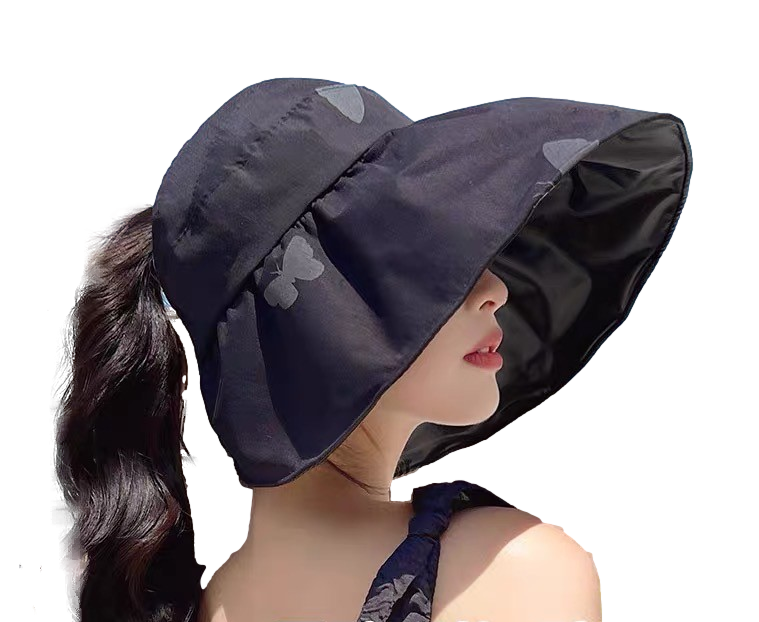 Women Wide Brim Summer Sun Hat Lightweight Foldable Beach Sun Hat for Ladies Travel Roll up Ponytail Visor Butterfly