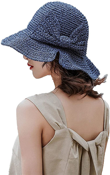 Women Wide Brim Straw Hat Hollow Foldable Summer Bucket Hat Bow Lady’s Foldable Beach Sun Hat for Travel