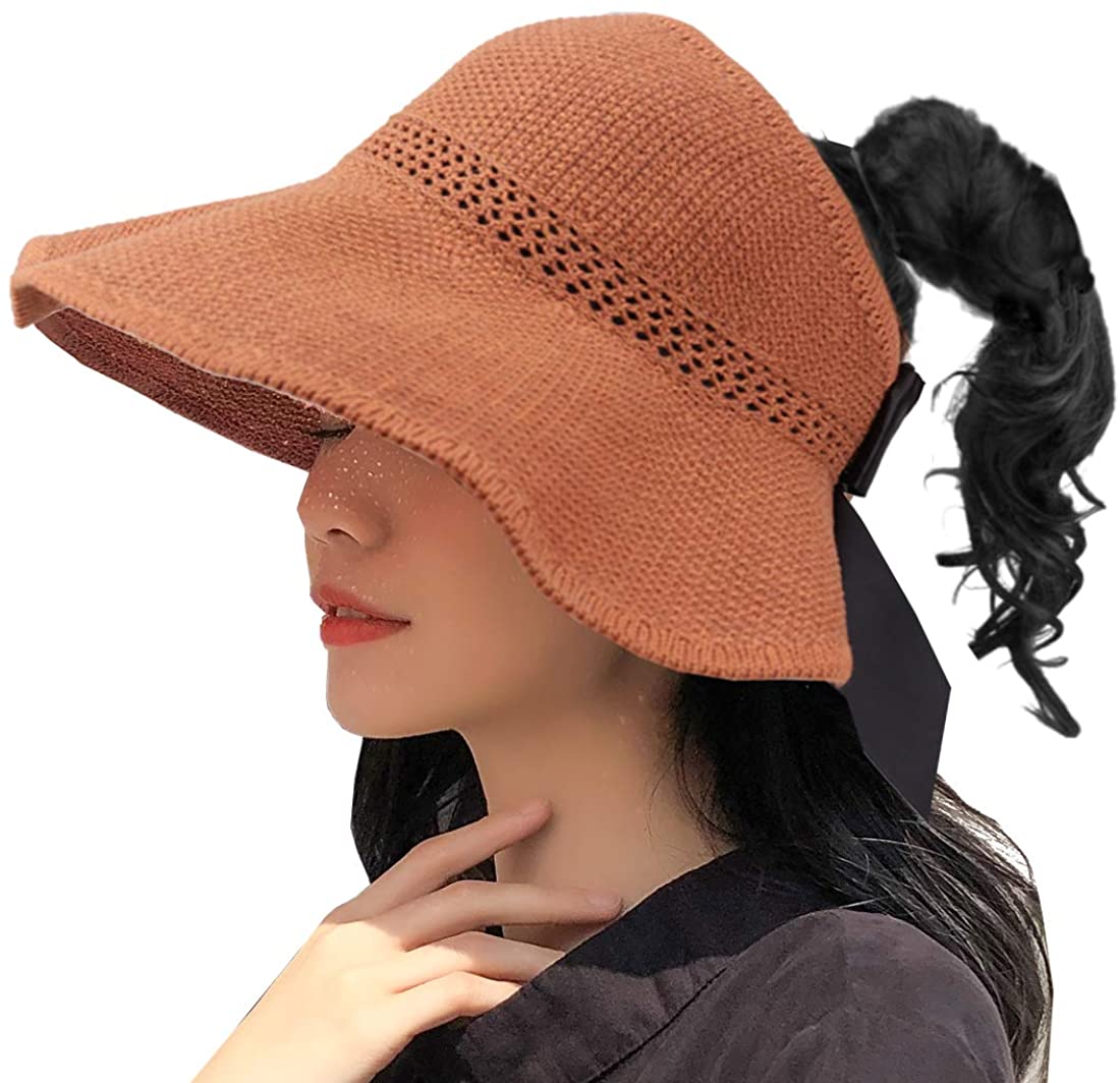 Women Wide Brim Summer Sun Hat Lightweight Foldable Beach Sun Hat for Ladies Travel Roll up Ponytail Visor Plain