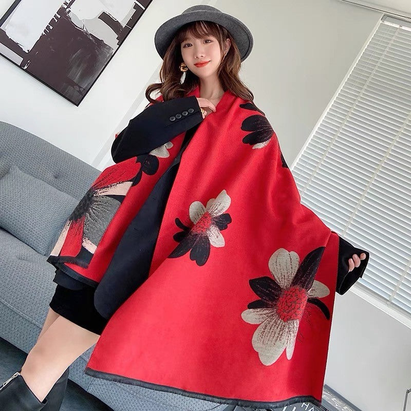 Cashmere Pashmina Shawls, Winter Reversible Blanket Scarves For Women Flower