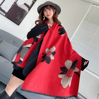 Cashmere Pashmina Shawls, Winter Reversible Blanket Scarves For Women Flower