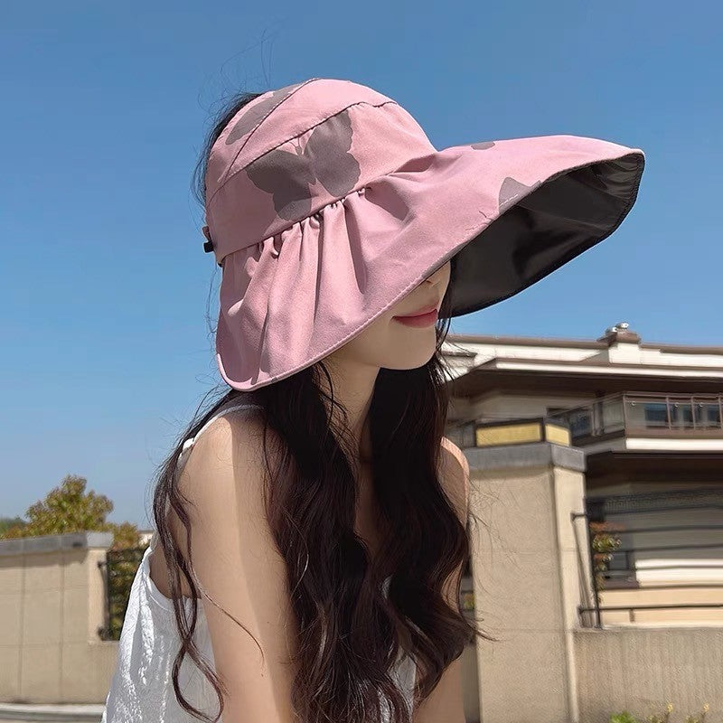 Women Wide Brim Summer Sun Hat Lightweight Foldable Beach Sun Hat for Ladies Travel Roll up Ponytail Visor Butterfly