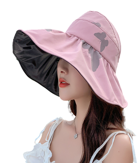 Women Wide Brim Summer Sun Hat Lightweight Foldable Beach Sun Hat for Ladies Travel Roll up Ponytail Visor Butterfly