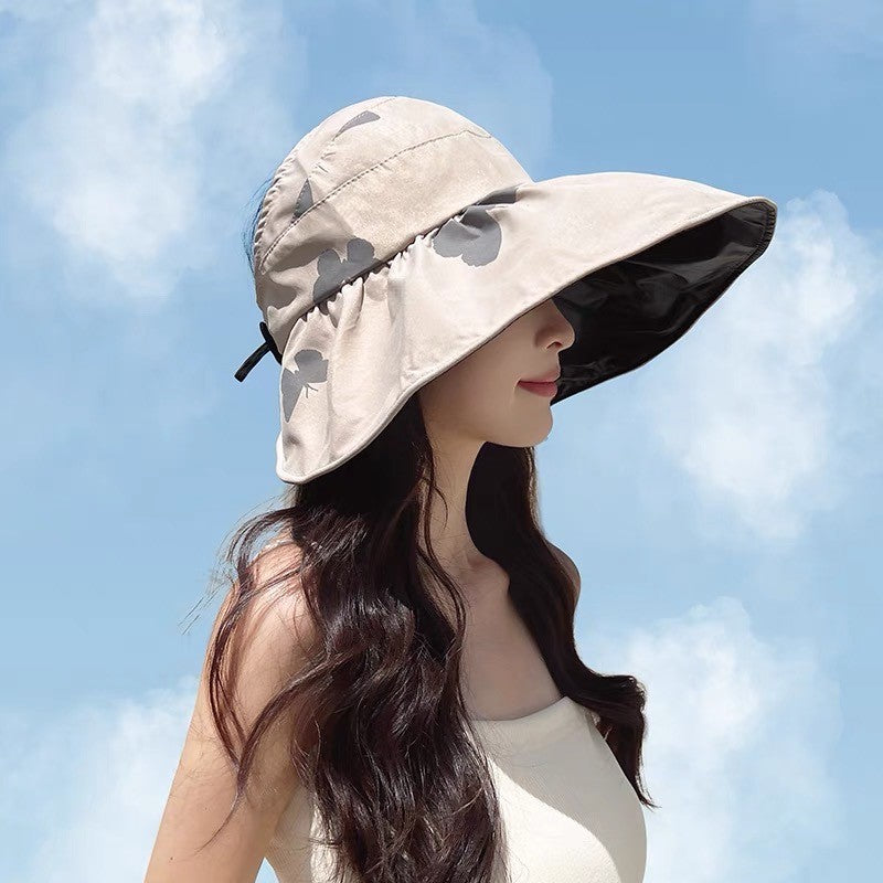 Women Wide Brim Summer Sun Hat Lightweight Foldable Beach Sun Hat for Ladies Travel Roll up Ponytail Visor Butterfly