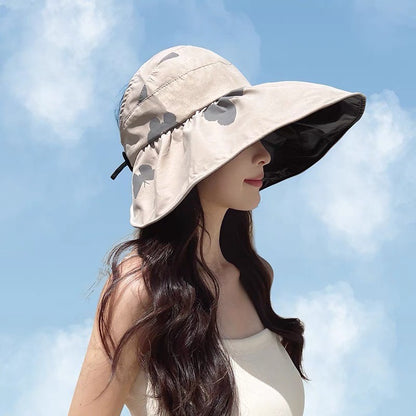 Women Wide Brim Summer Sun Hat Lightweight Foldable Beach Sun Hat for Ladies Travel Roll up Ponytail Visor Butterfly