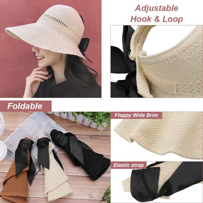 Women Wide Brim Summer Sun Hat Lightweight Foldable Beach Sun Hat for Ladies Travel Roll up Ponytail Visor Plain