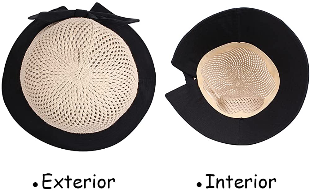 Women Wide Brim Hat Hollow Breathable Summer Bucket Hat Bow Lady’s Foldable Beach Sun Hat for Travel Mesh