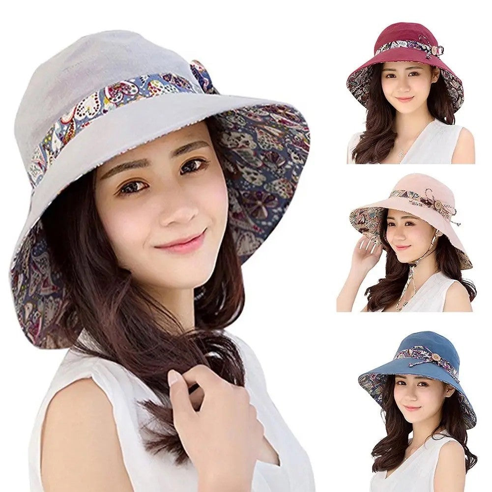 Women Wide Brim Summer Sun Hat Lightweight Foldable Beach Sun Hat for Ladies Travel Roll up Reversible Floral