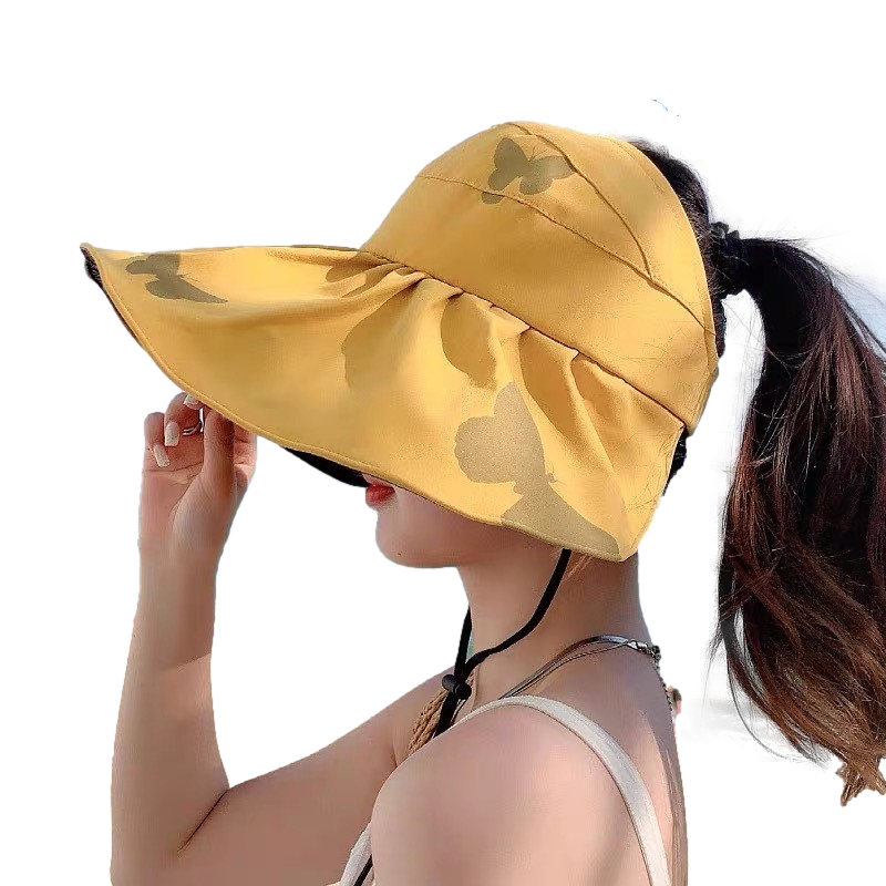 Women Wide Brim Summer Sun Hat Lightweight Foldable Beach Sun Hat for Ladies Travel Roll up Ponytail Visor Butterfly