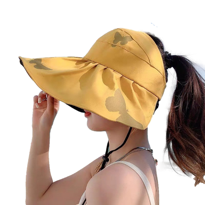 Women Wide Brim Summer Sun Hat Lightweight Foldable Beach Sun Hat for Ladies Travel Roll up Ponytail Visor Butterfly